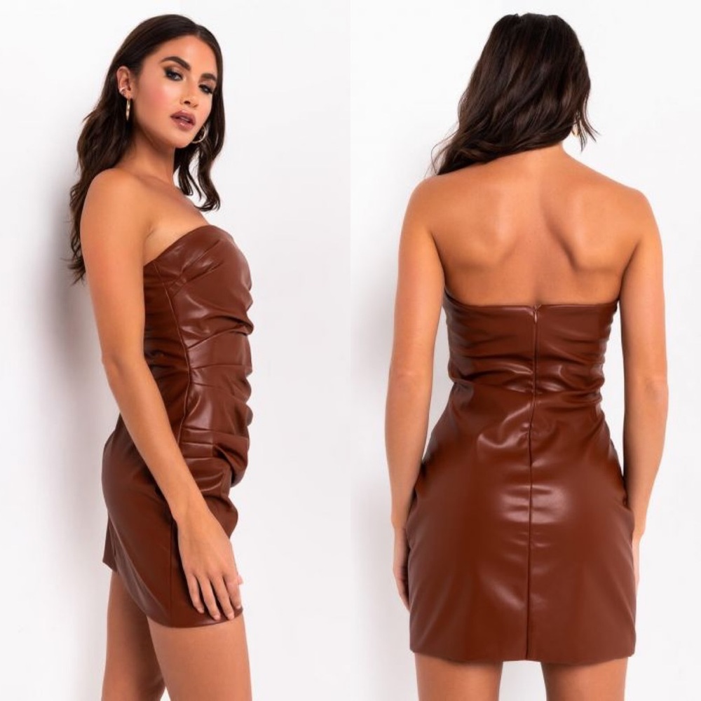 Luxe Faux Leather Ruched Mini Dress - Picture 2 of 4